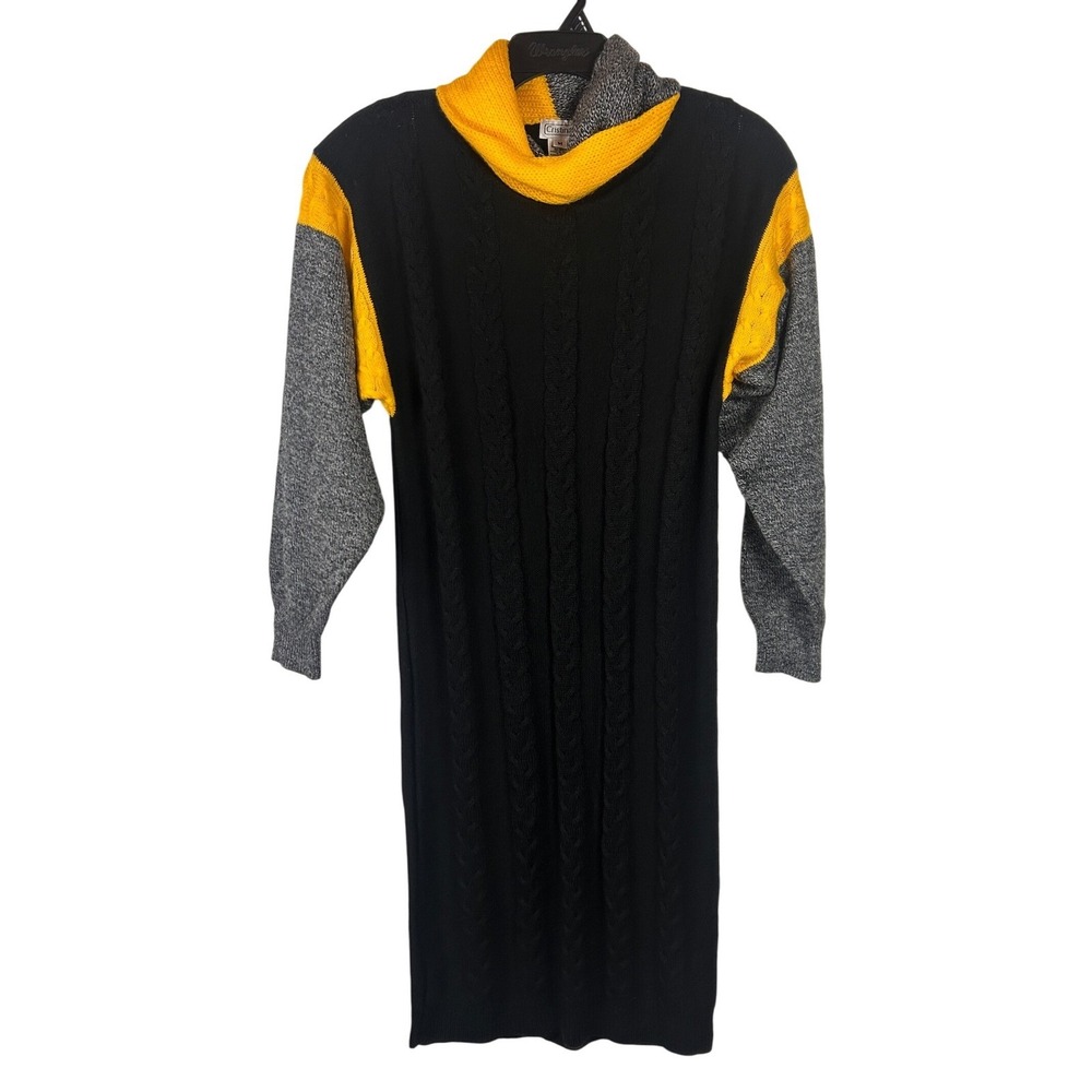Cristinas Vintage‎ 80s Black Yellow Gray Cable Knit Mock Neck Sweater Dress M